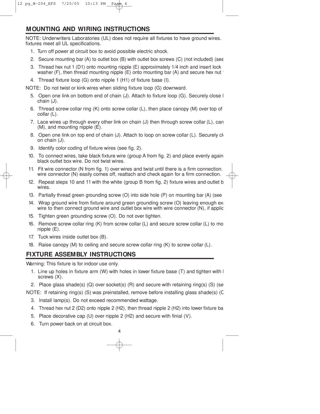 Westinghouse W-204 owner manual Mounting and Wiring Instructions, Fixture Assembly Instructions 