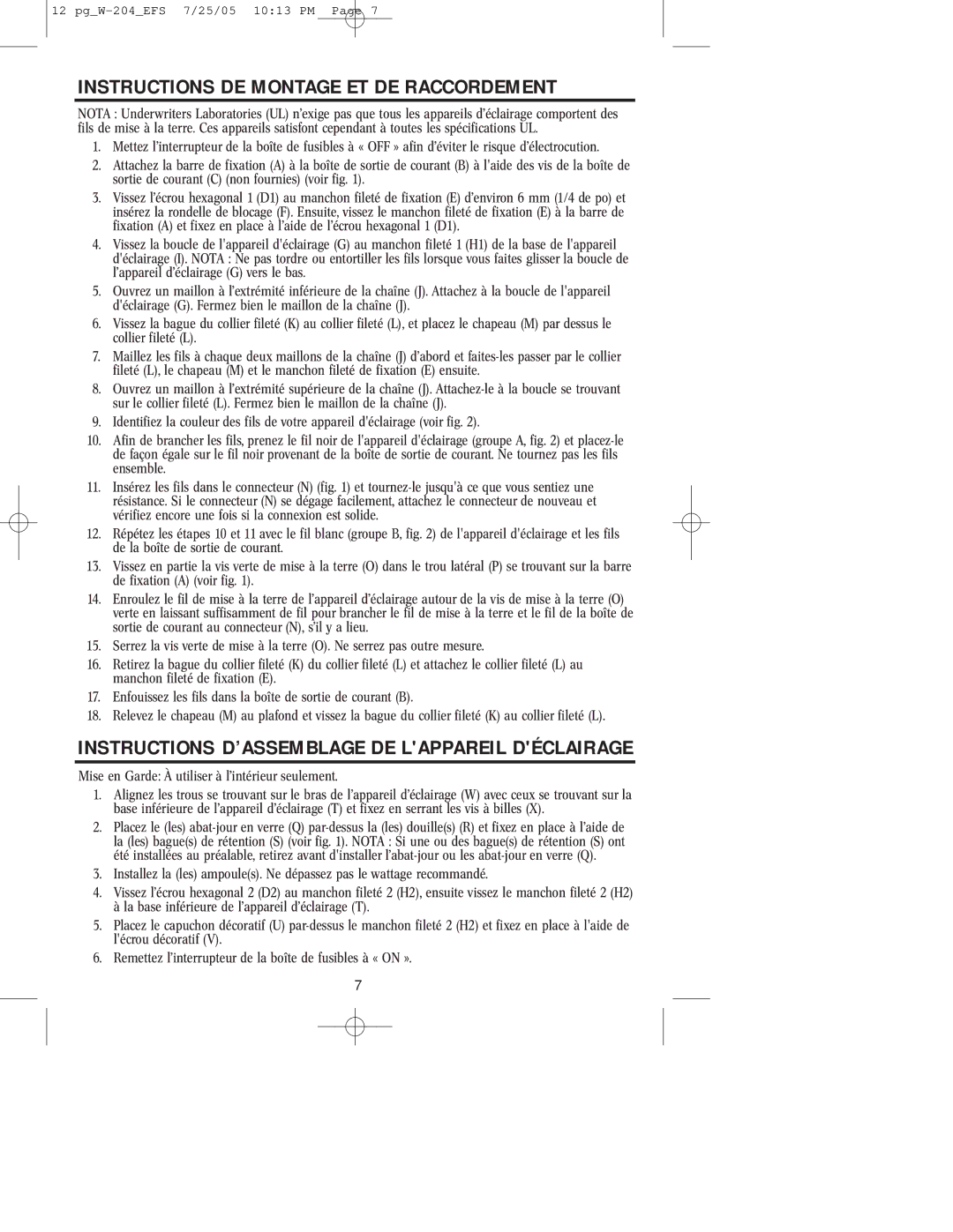 Westinghouse W-204 Instructions DE Montage ET DE Raccordement, Instructions D’ASSEMBLAGE DE Lappareil Déclairage 