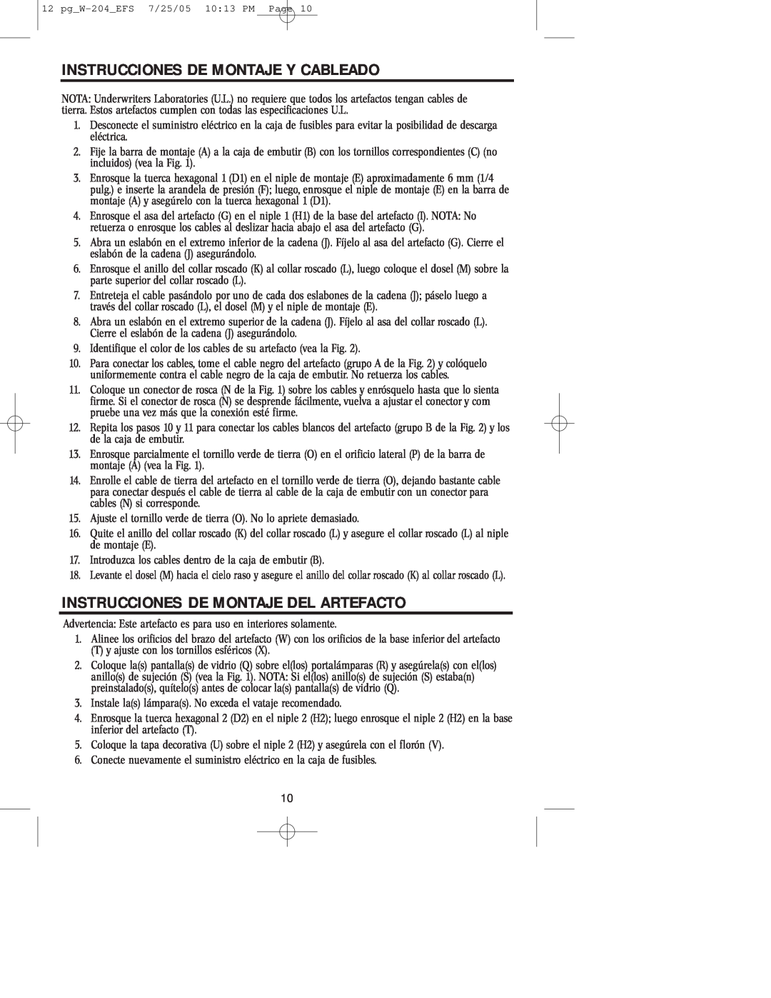 Westinghouse W-204 owner manual Instrucciones De Montaje Y Cableado, Instrucciones De Montaje Del Artefacto 