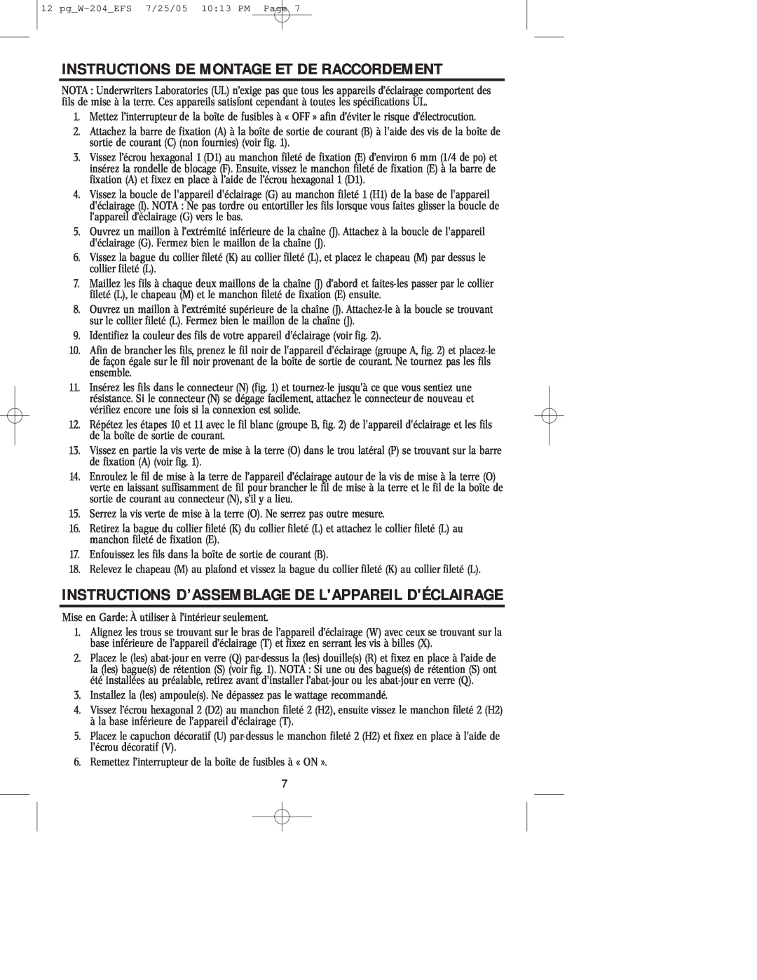 Westinghouse W-204 Instructions De Montage Et De Raccordement, Instructions D’Assemblage De Lappareil Déclairage 
