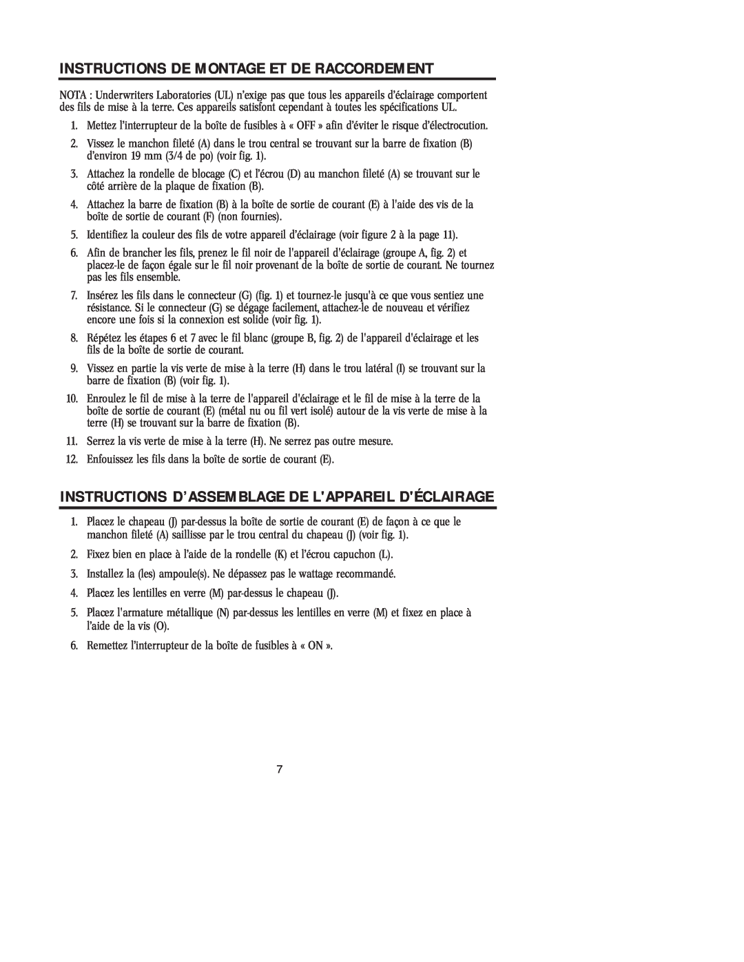 Westinghouse W-207 071705 Instructions D’Assemblage De Lappareil Déclairage, Instructions De Montage Et De Raccordement 