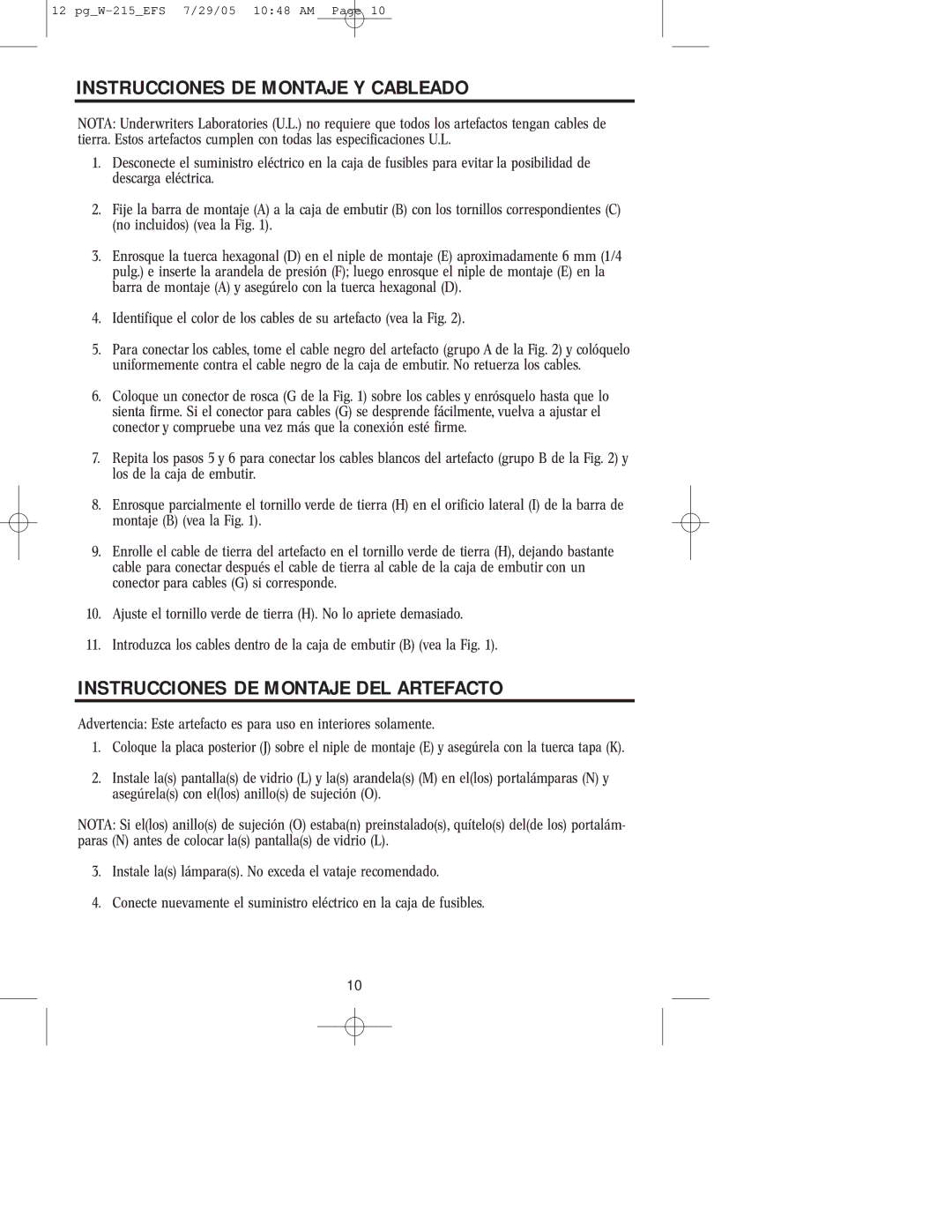 Westinghouse W-215 owner manual Instrucciones DE Montaje Y Cableado, Instrucciones DE Montaje DEL Artefacto 