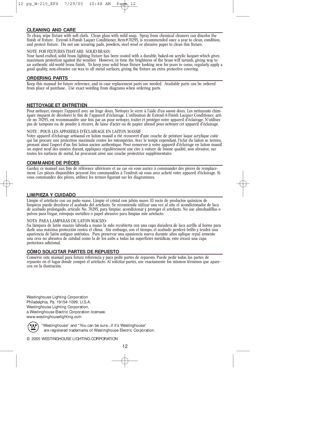 Westinghouse W-215 owner manual Cleaning and Care 