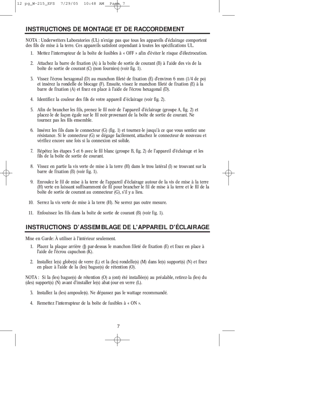 Westinghouse W-215 Instructions DE Montage ET DE Raccordement, Instructions D’ASSEMBLAGE DE Lappareil Déclairage 