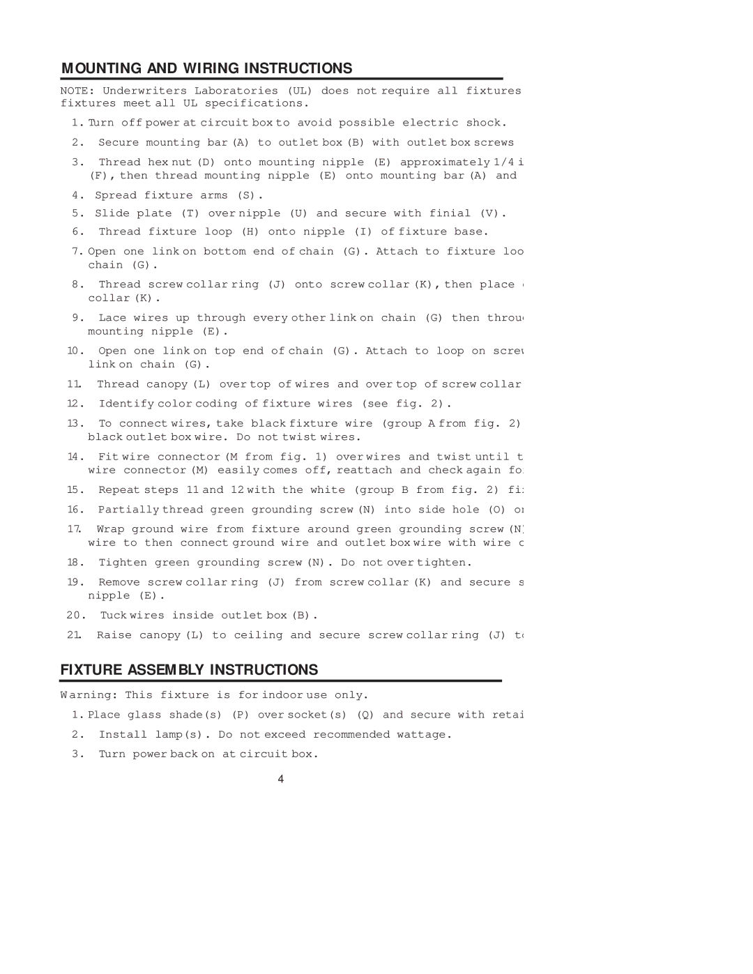 Westinghouse W-224 091305 owner manual Mounting and Wiring Instructions, Fixture Assembly Instructions 