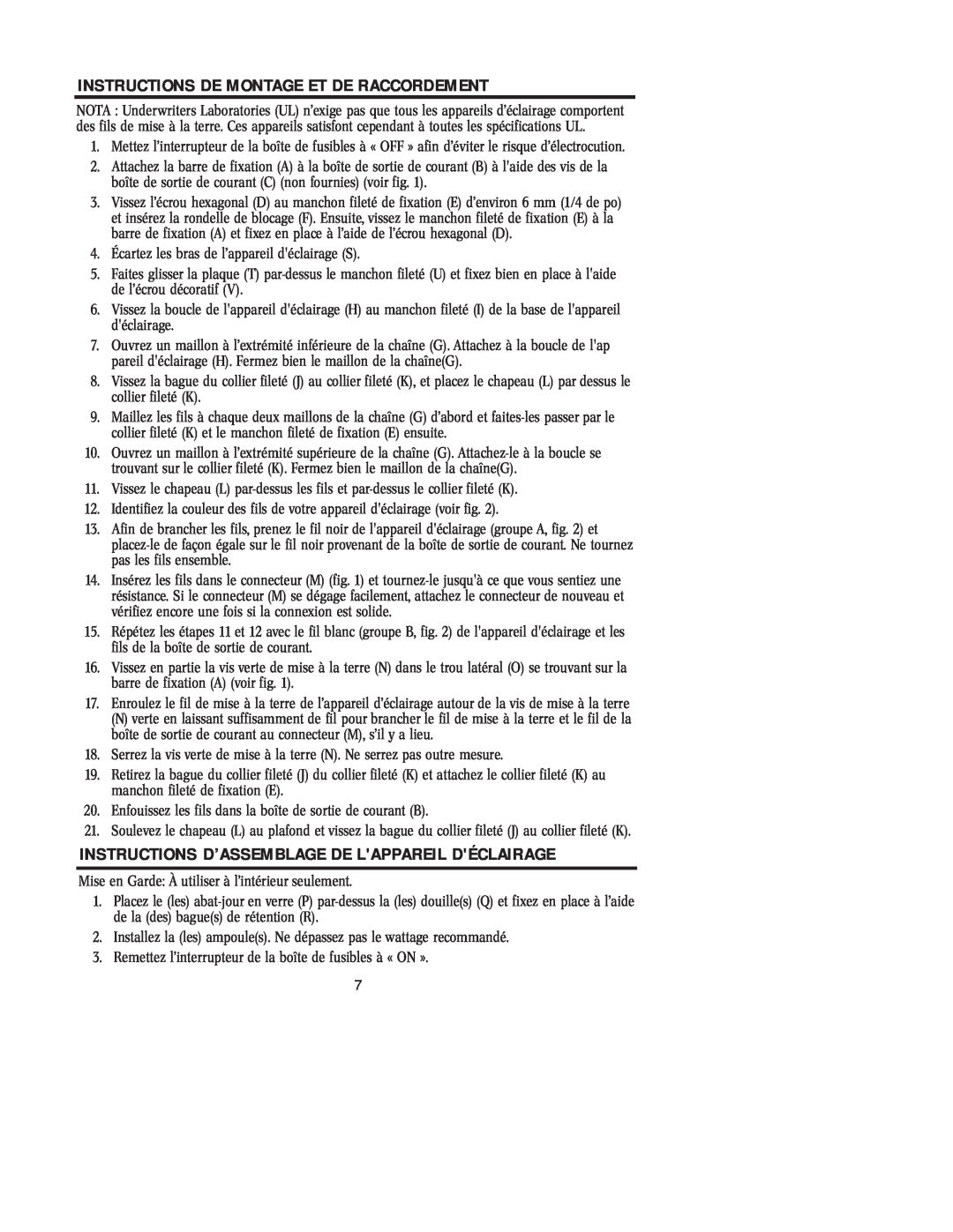Westinghouse W-224 091305 Instructions De Montage Et De Raccordement, Instructions D’Assemblage De Lappareil Déclairage 