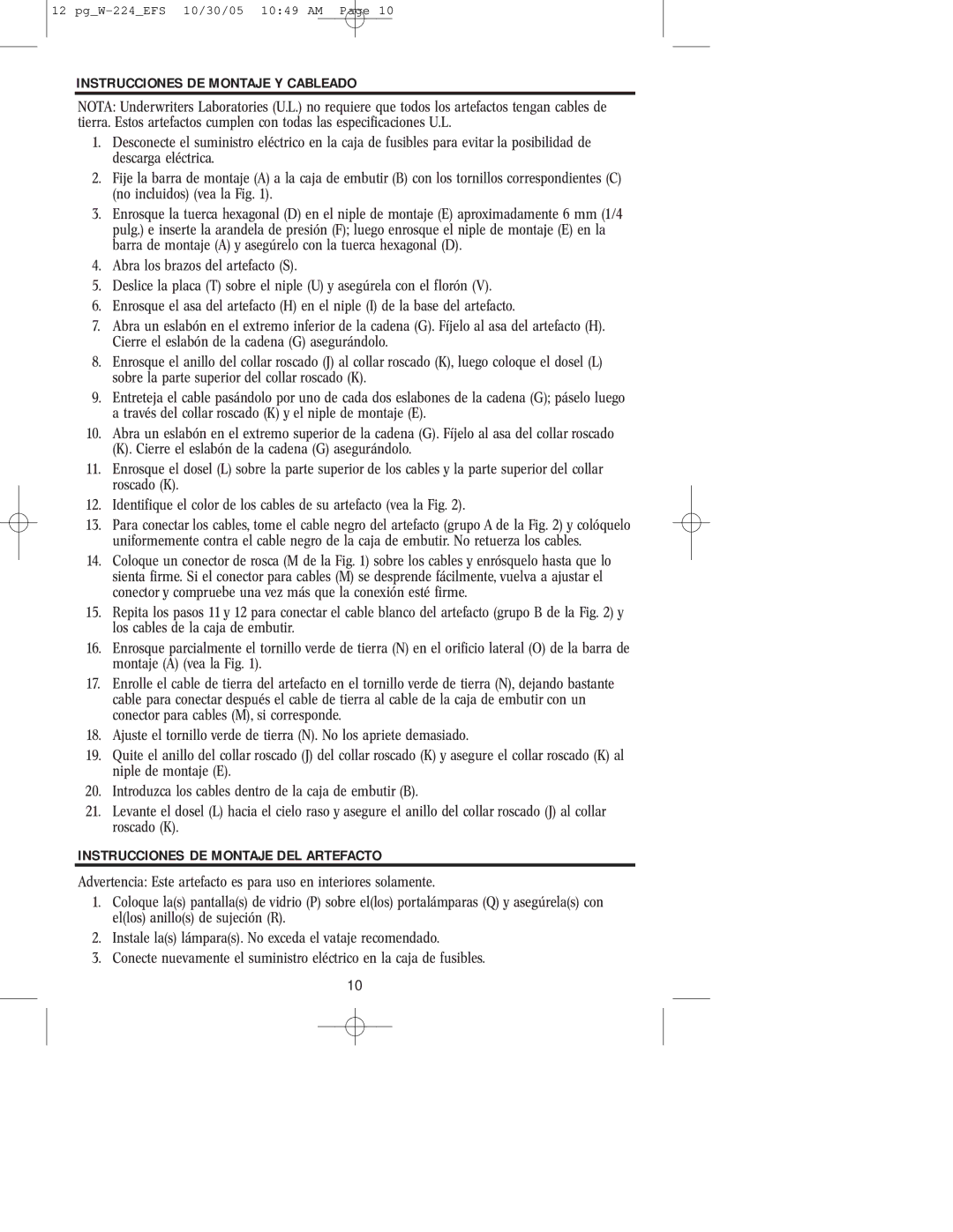 Westinghouse W-224 owner manual Instrucciones DE Montaje Y Cableado 