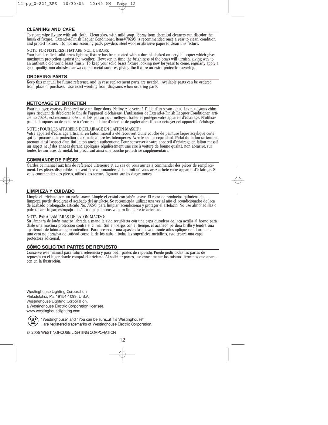 Westinghouse W-224 owner manual Cleaning and Care 