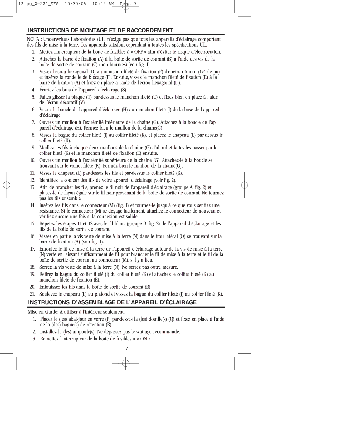 Westinghouse W-224 owner manual Instructions DE Montage ET DE Raccordement 