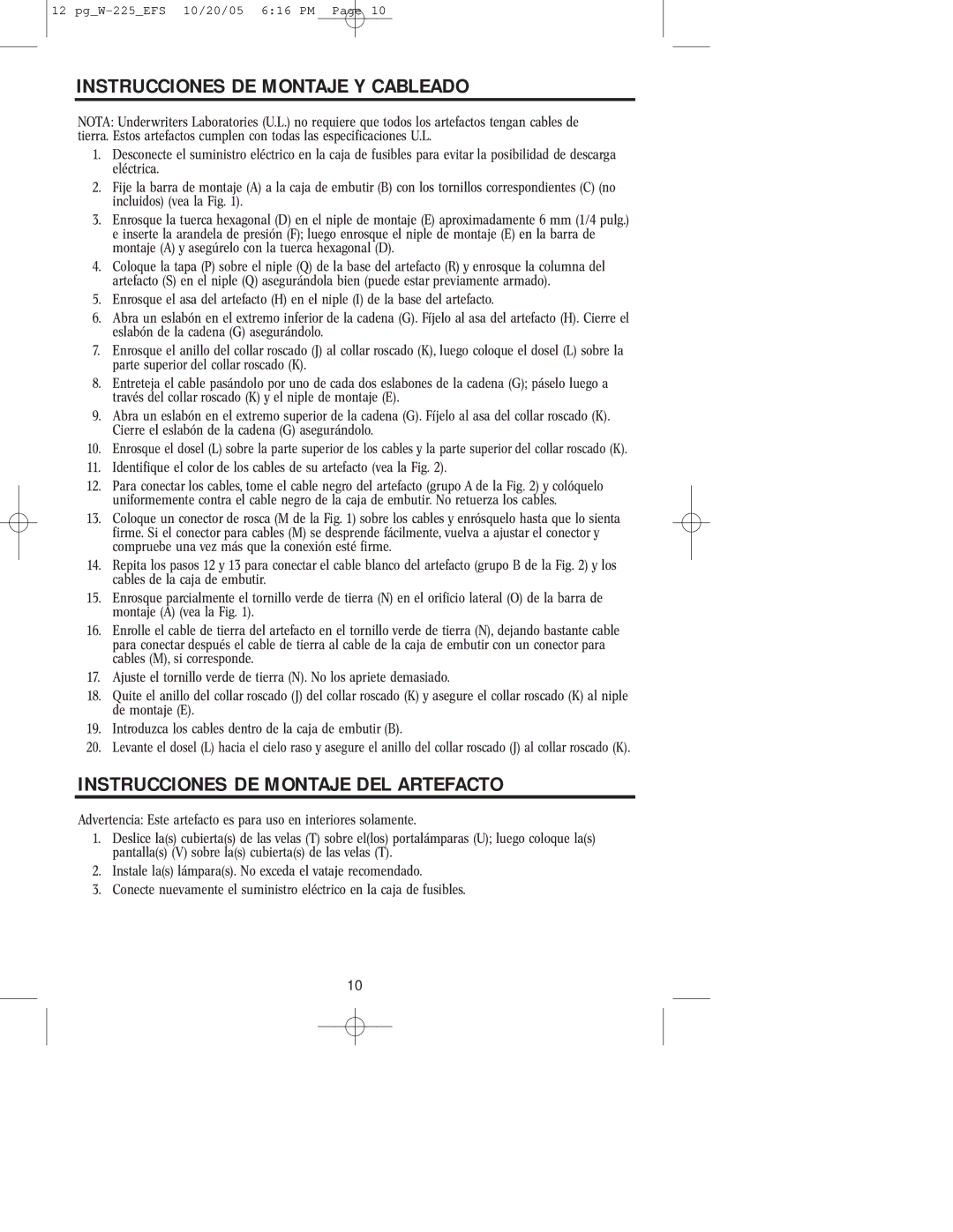 Westinghouse W-225 owner manual Instrucciones DE Montaje Y Cableado, Instrucciones DE Montaje DEL Artefacto 