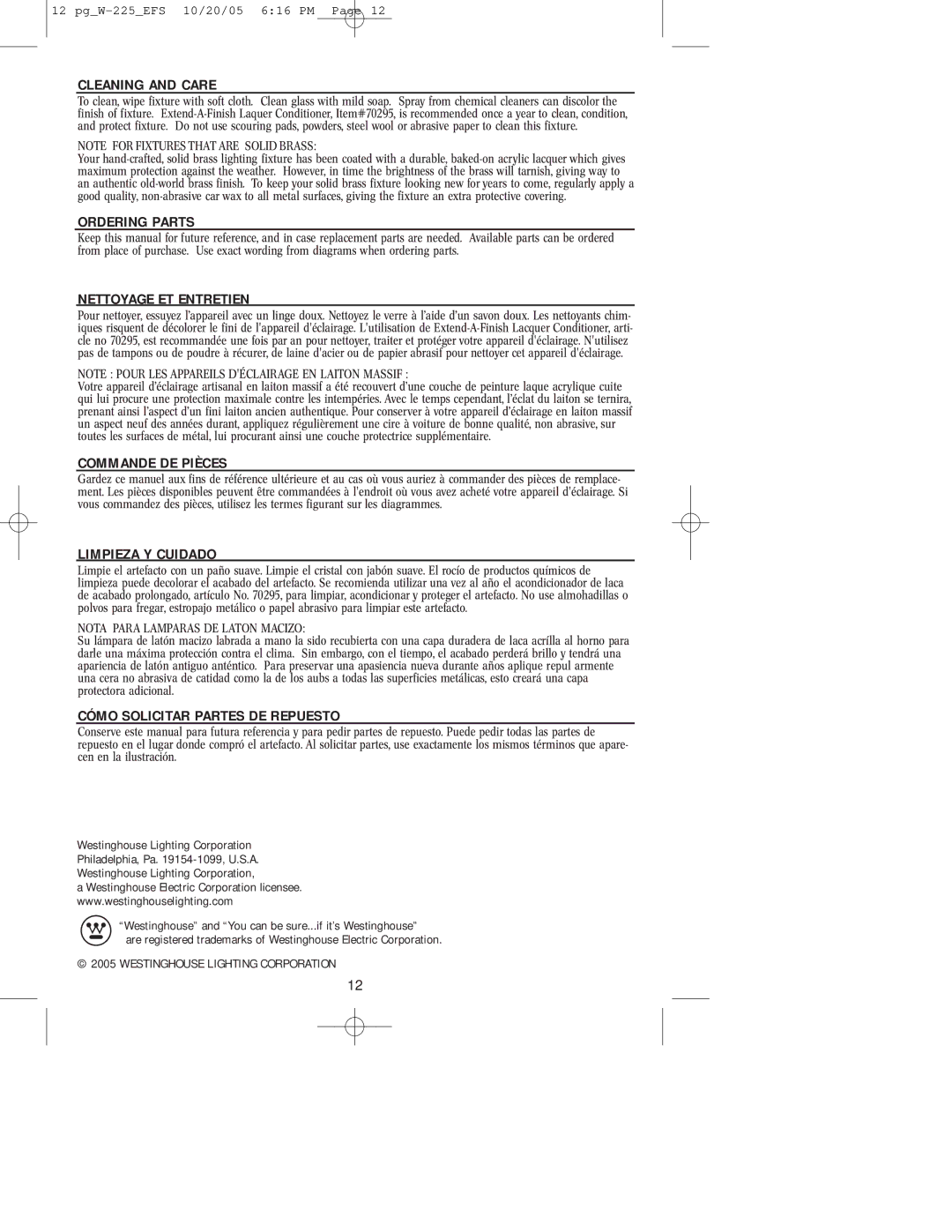 Westinghouse W-225 owner manual Cleaning and Care 