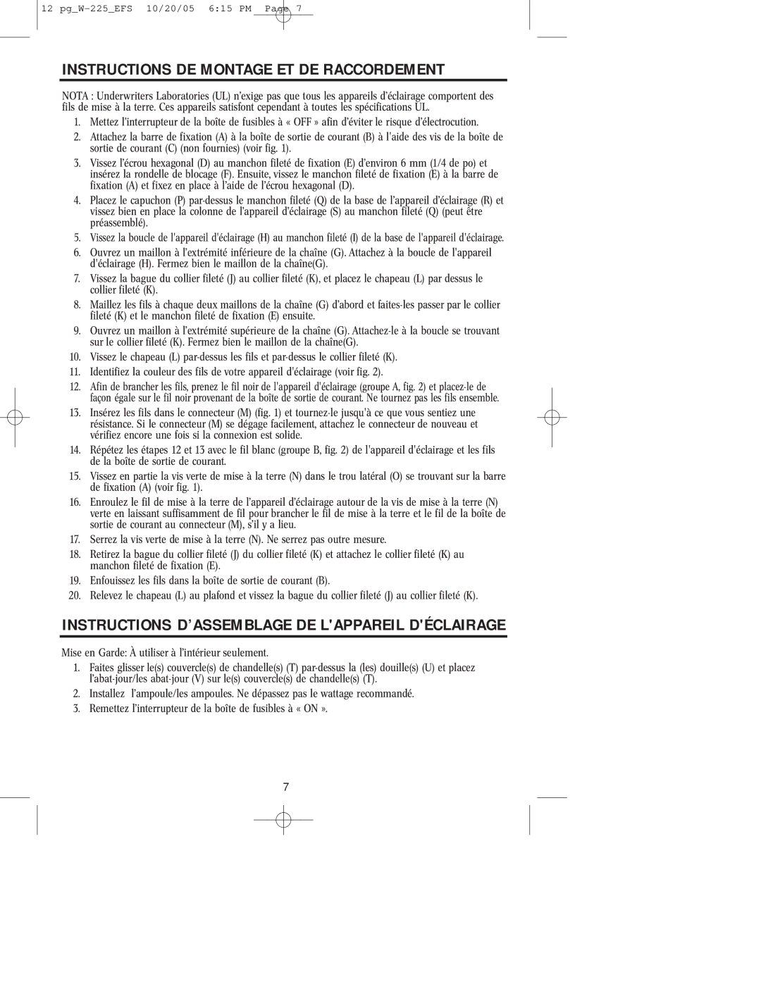 Westinghouse W-225 Instructions DE Montage ET DE Raccordement, Instructions D’ASSEMBLAGE DE Lappareil Déclairage 