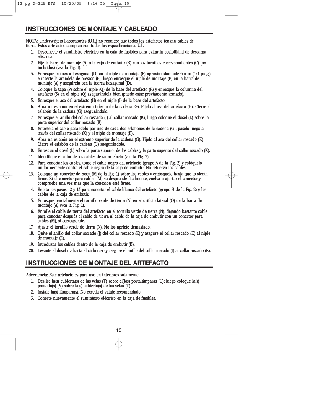 Westinghouse W-225 owner manual Instrucciones De Montaje Y Cableado, Instrucciones De Montaje Del Artefacto 