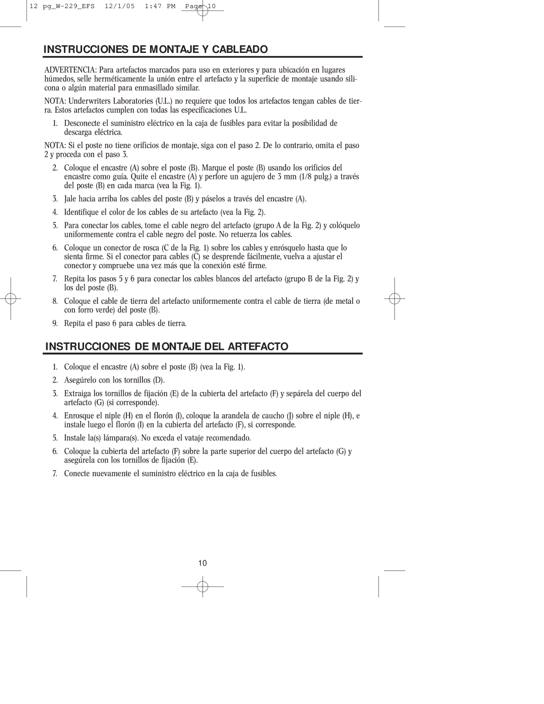 Westinghouse W-229 owner manual Instrucciones DE Montaje Y Cableado, Instrucciones DE Montaje DEL Artefacto 