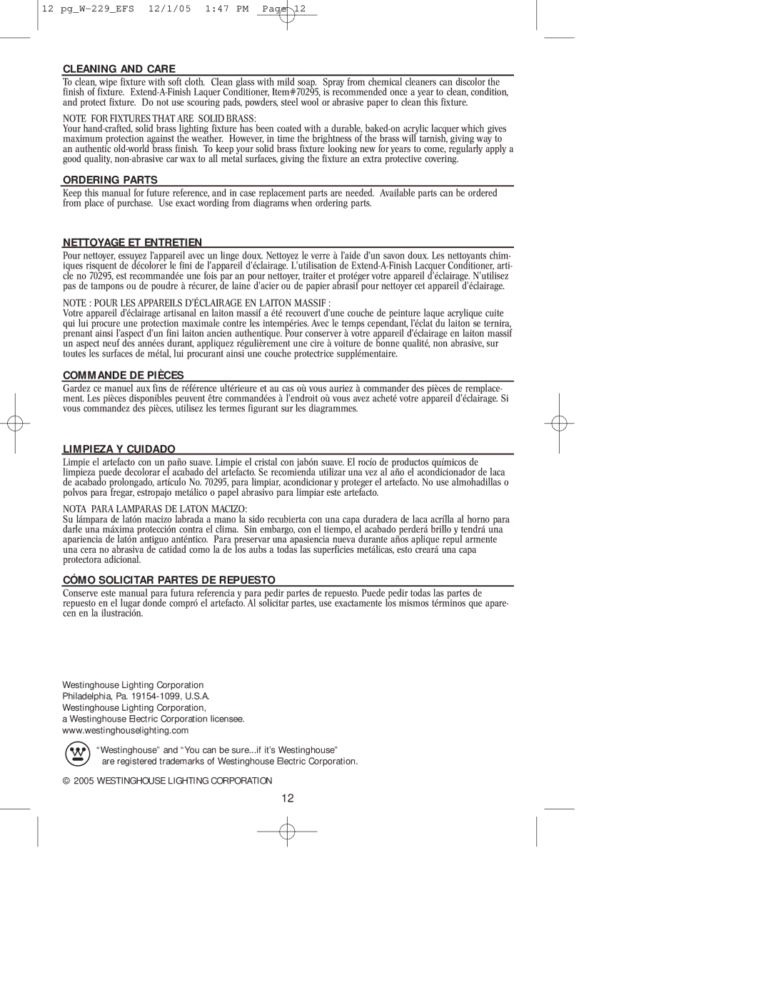 Westinghouse W-229 owner manual Cleaning and Care 