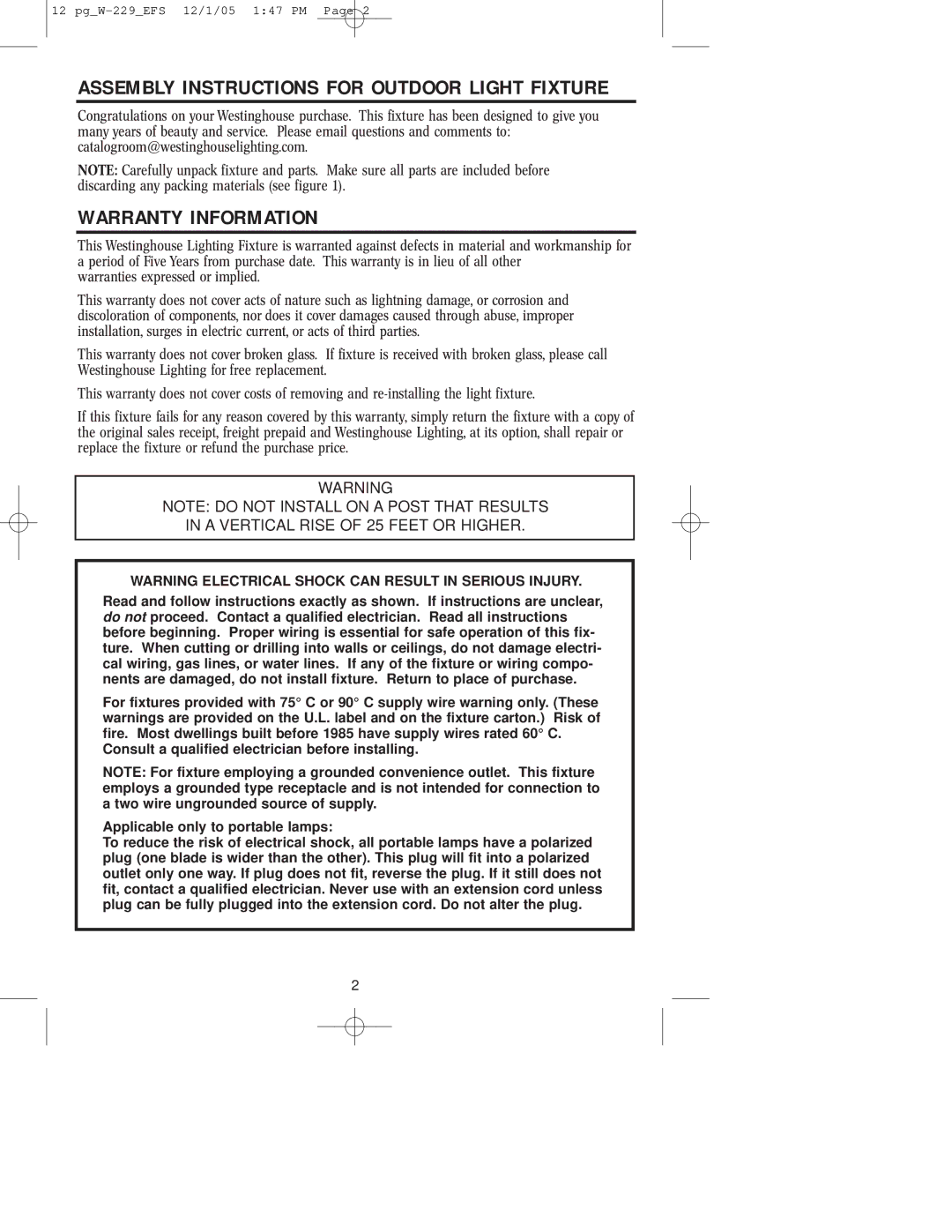 Westinghouse W-229 owner manual Assembly Instructions for Outdoor Light Fixture, Warranty Information 