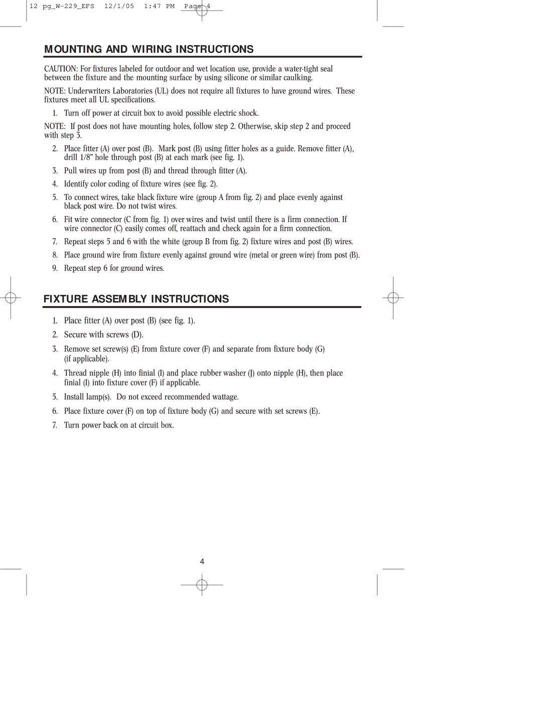 Westinghouse W-229 owner manual Mounting and Wiring Instructions, Fixture Assembly Instructions 