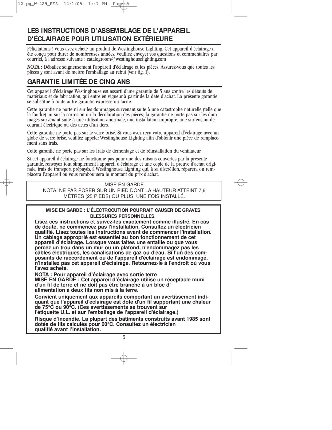 Westinghouse W-229 owner manual Garantie Limitée DE Cinq ANS 