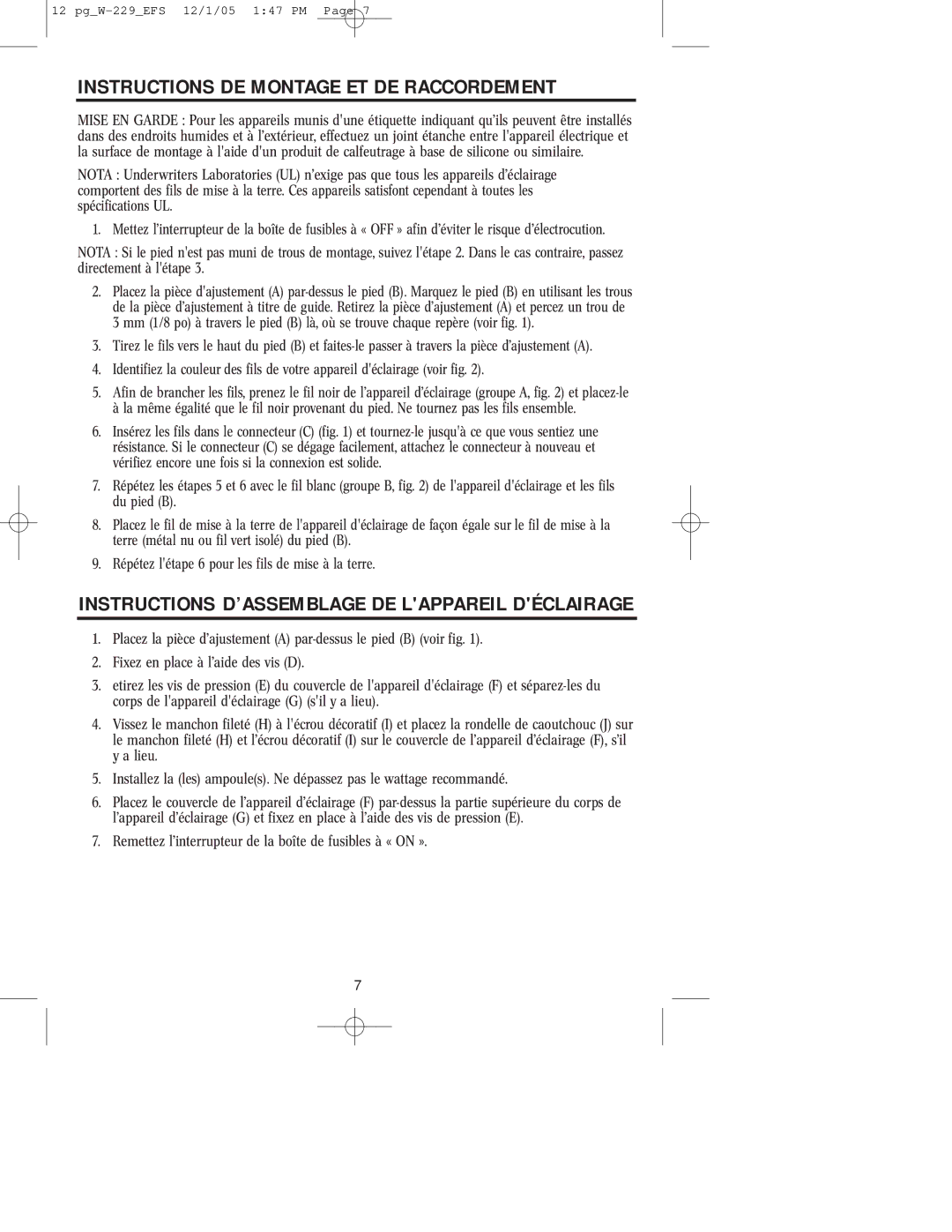 Westinghouse W-229 Instructions DE Montage ET DE Raccordement, Instructions D’ASSEMBLAGE DE Lappareil Déclairage 