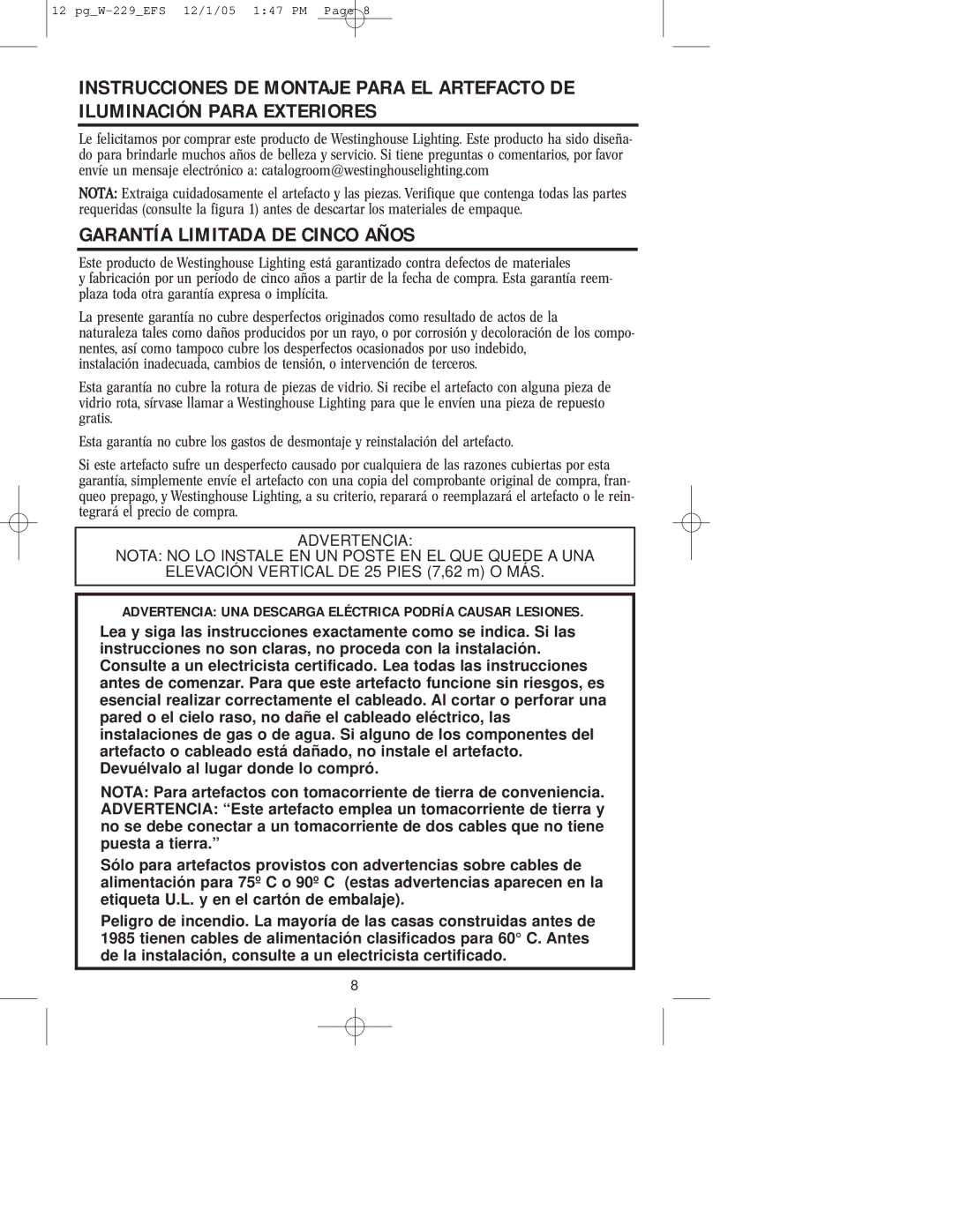 Westinghouse W-229 owner manual Garantía Limitada DE Cinco Años, Advertencia 