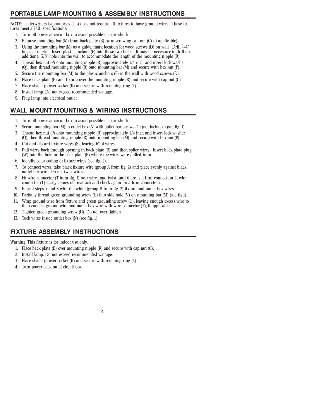 Westinghouse W-231 owner manual Wall Mount Mounting & Wiring Instructions, Fixture Assembly Instructions 