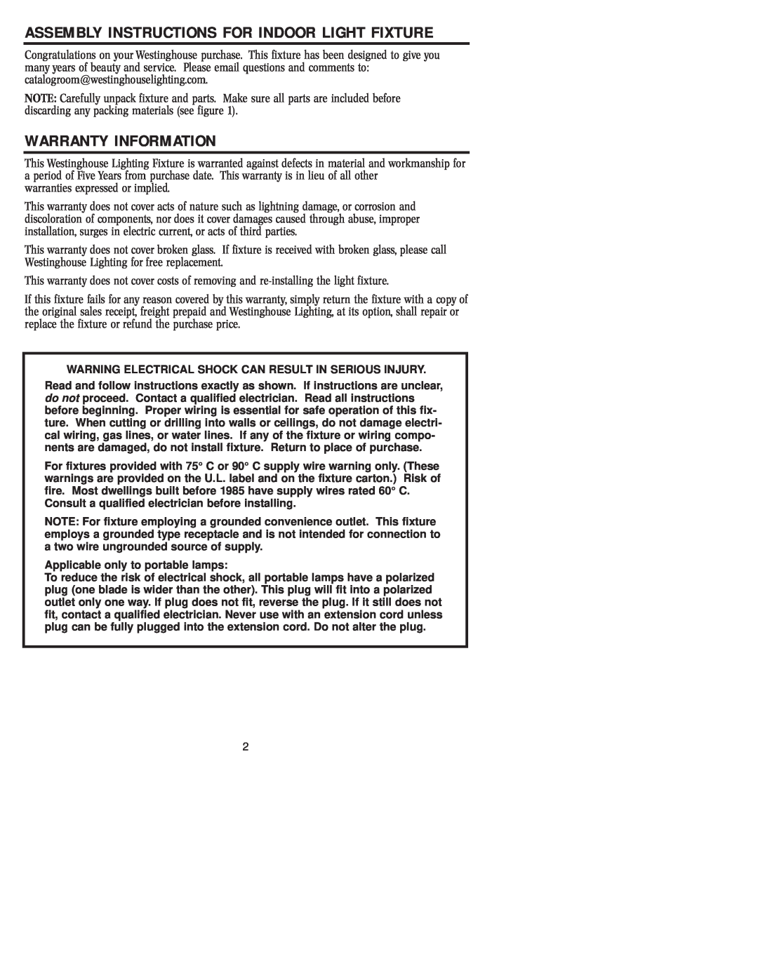 Westinghouse W-231 owner manual Warranty Information, Assembly Instructions For Indoor Light Fixture 