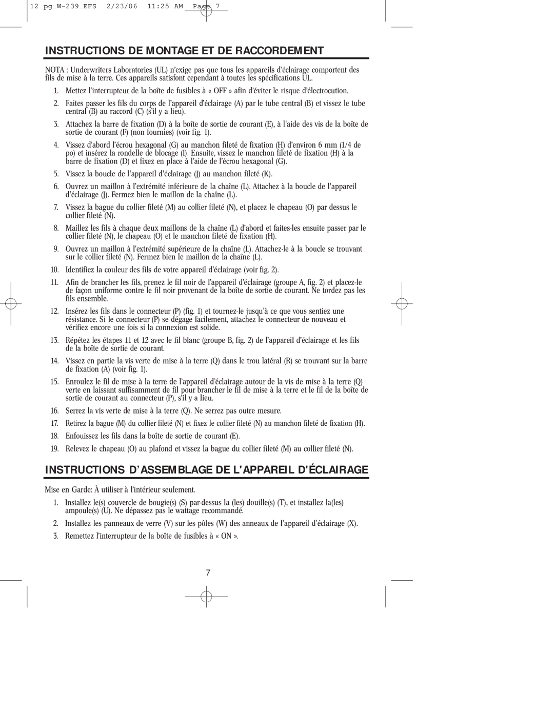 Westinghouse W-239 Instructions DE Montage ET DE Raccordement, Instructions D’ASSEMBLAGE DE Lappareil Déclairage 