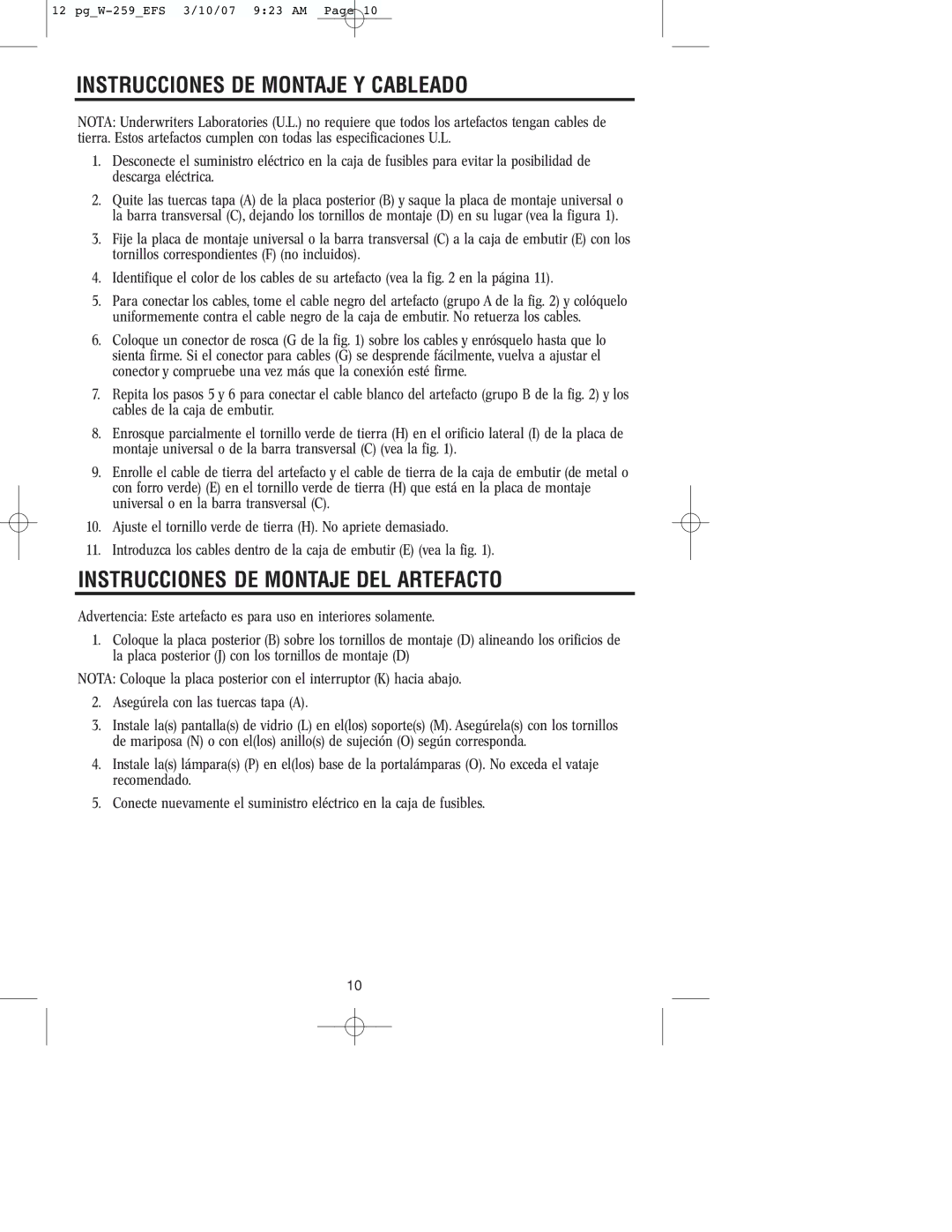 Westinghouse W-259 owner manual Instrucciones DE Montaje Y Cableado, Instrucciones DE Montaje DEL Artefacto 