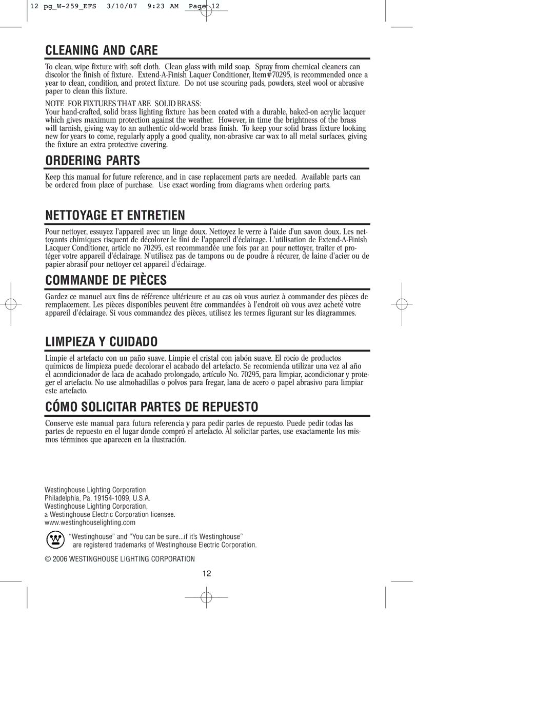 Westinghouse W-259 Cleaning and Care, Ordering Parts, Nettoyage ET Entretien, Commande DE Pièces, Limpieza Y Cuidado 