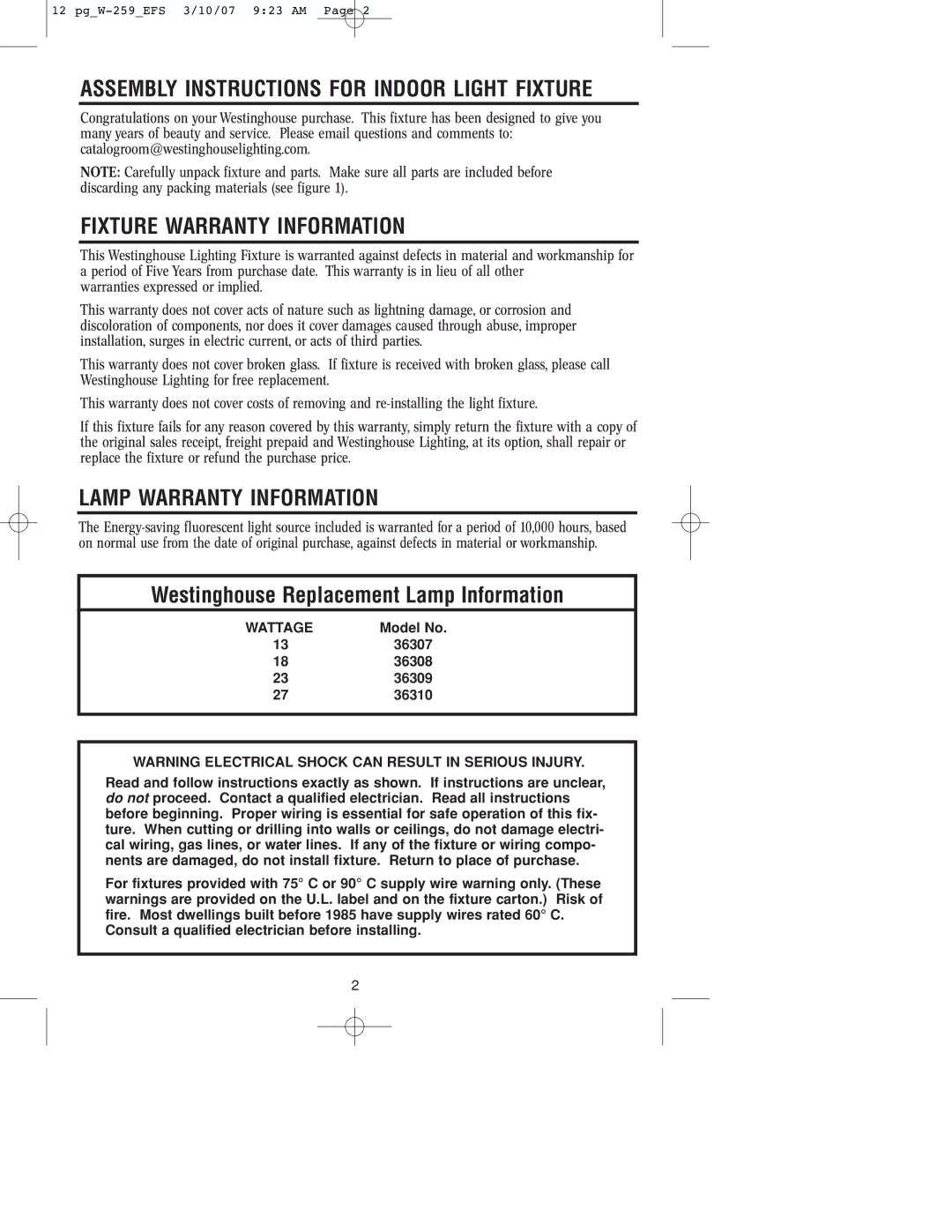 Westinghouse W-259 Assembly Instructions for Indoor Light Fixture, Fixture Warranty Information, Lamp Warranty Information 