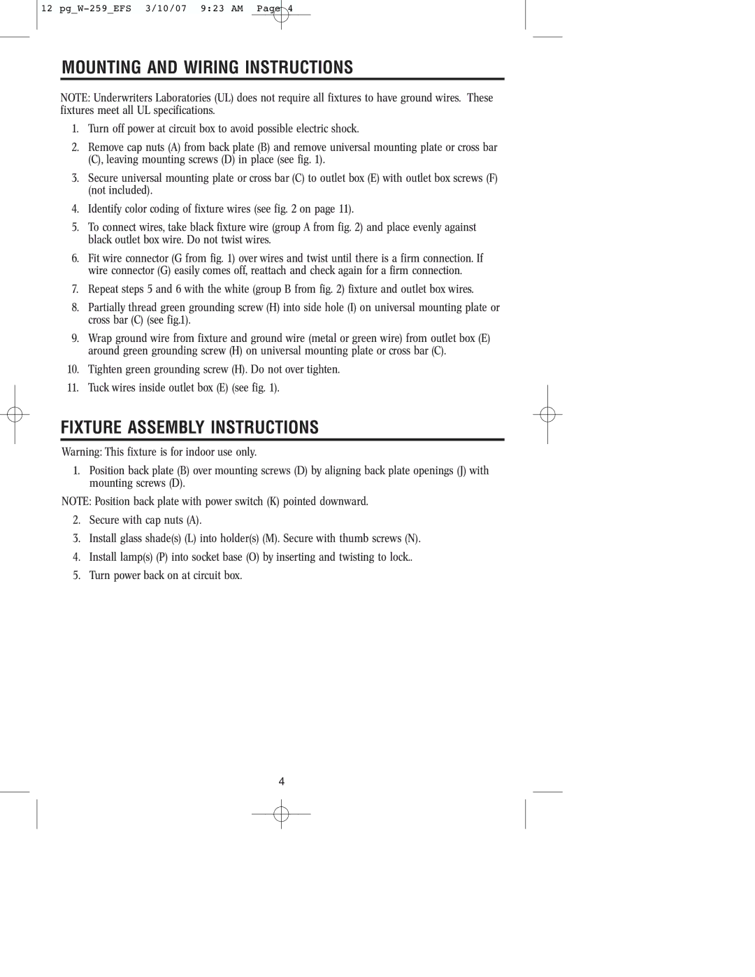 Westinghouse W-259 owner manual Mounting and Wiring Instructions, Fixture Assembly Instructions 