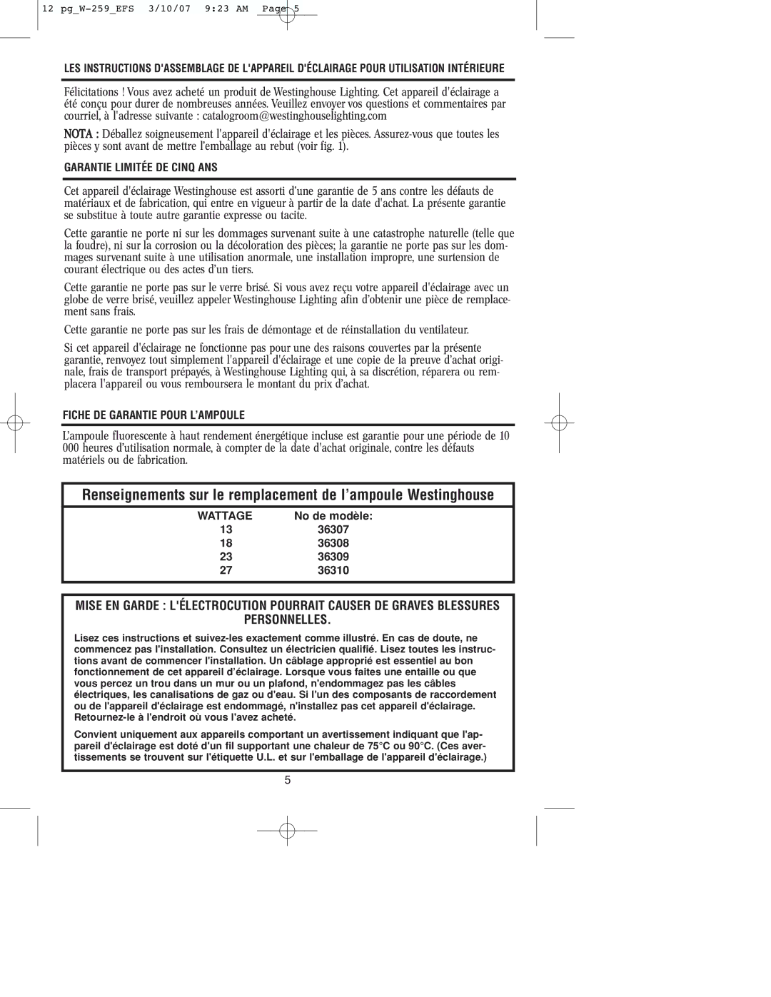 Westinghouse W-259 owner manual Renseignements sur le remplacement de l’ampoule Westinghouse 