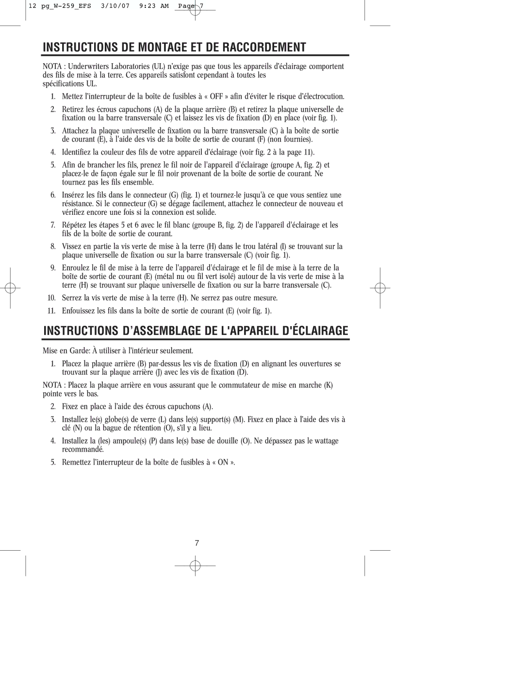 Westinghouse W-259 Instructions DE Montage ET DE Raccordement, Instructions D’ASSEMBLAGE DE Lappareil Déclairage 