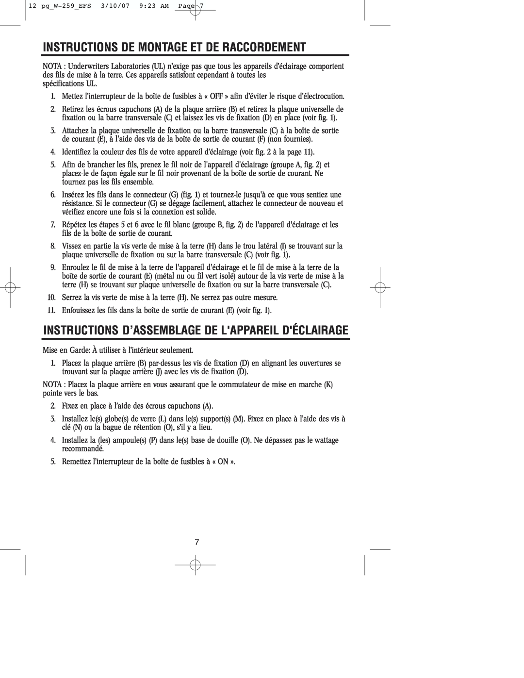 Westinghouse W-259 Instructions De Montage Et De Raccordement, Instructions D’Assemblage De Lappareil Déclairage 