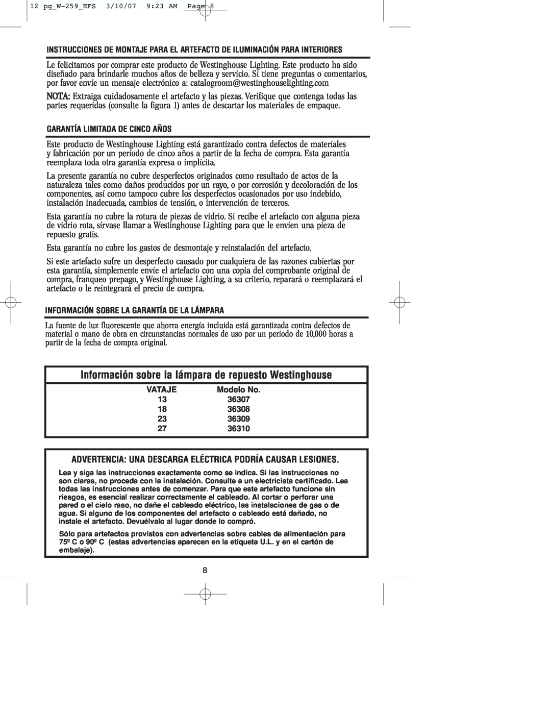 Westinghouse W-259 Garantía Limitada De Cinco Años, Información Sobre La Garantía De La Lámpara, Vataje, Modelo No, 36307 
