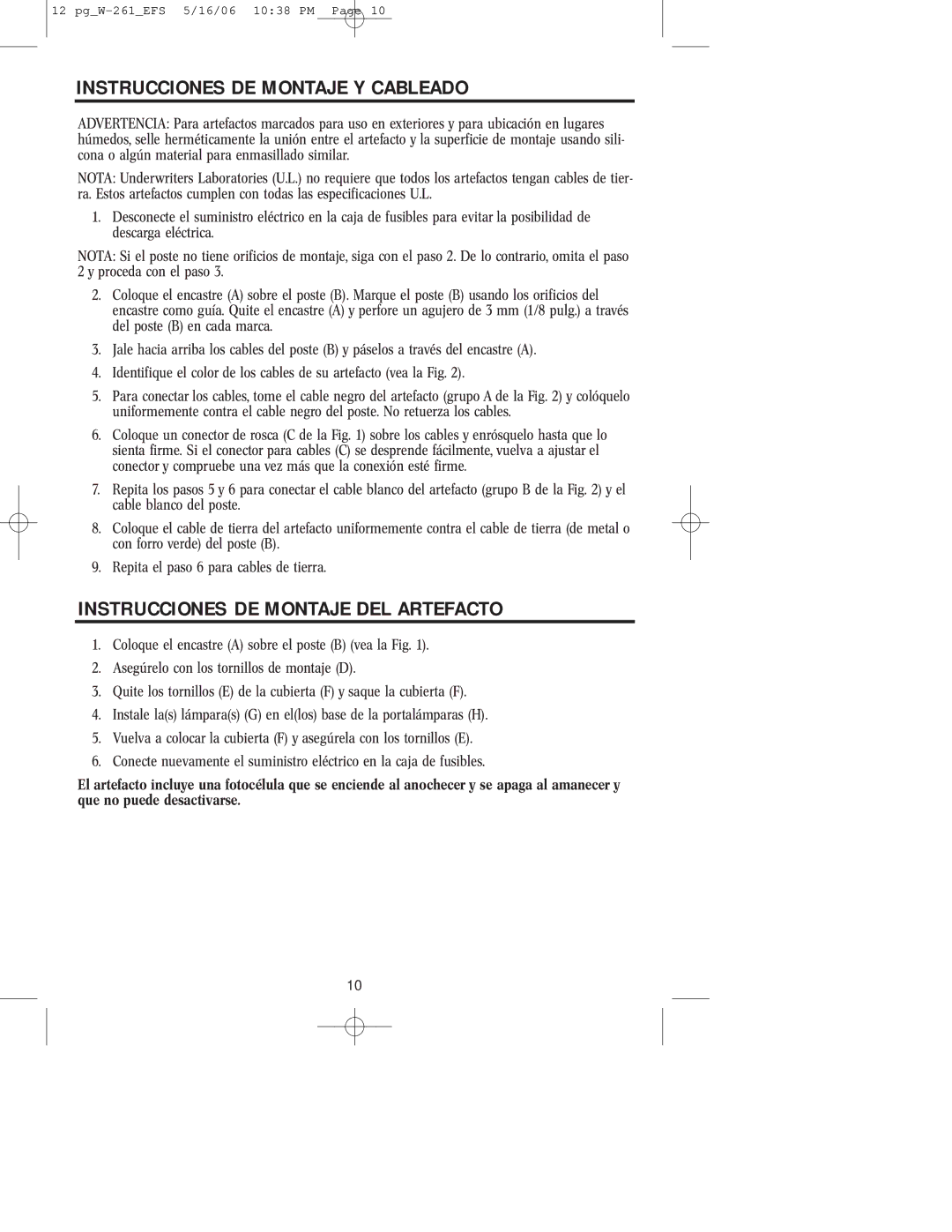 Westinghouse W-261 owner manual Instrucciones DE Montaje Y Cableado, Instrucciones DE Montaje DEL Artefacto 