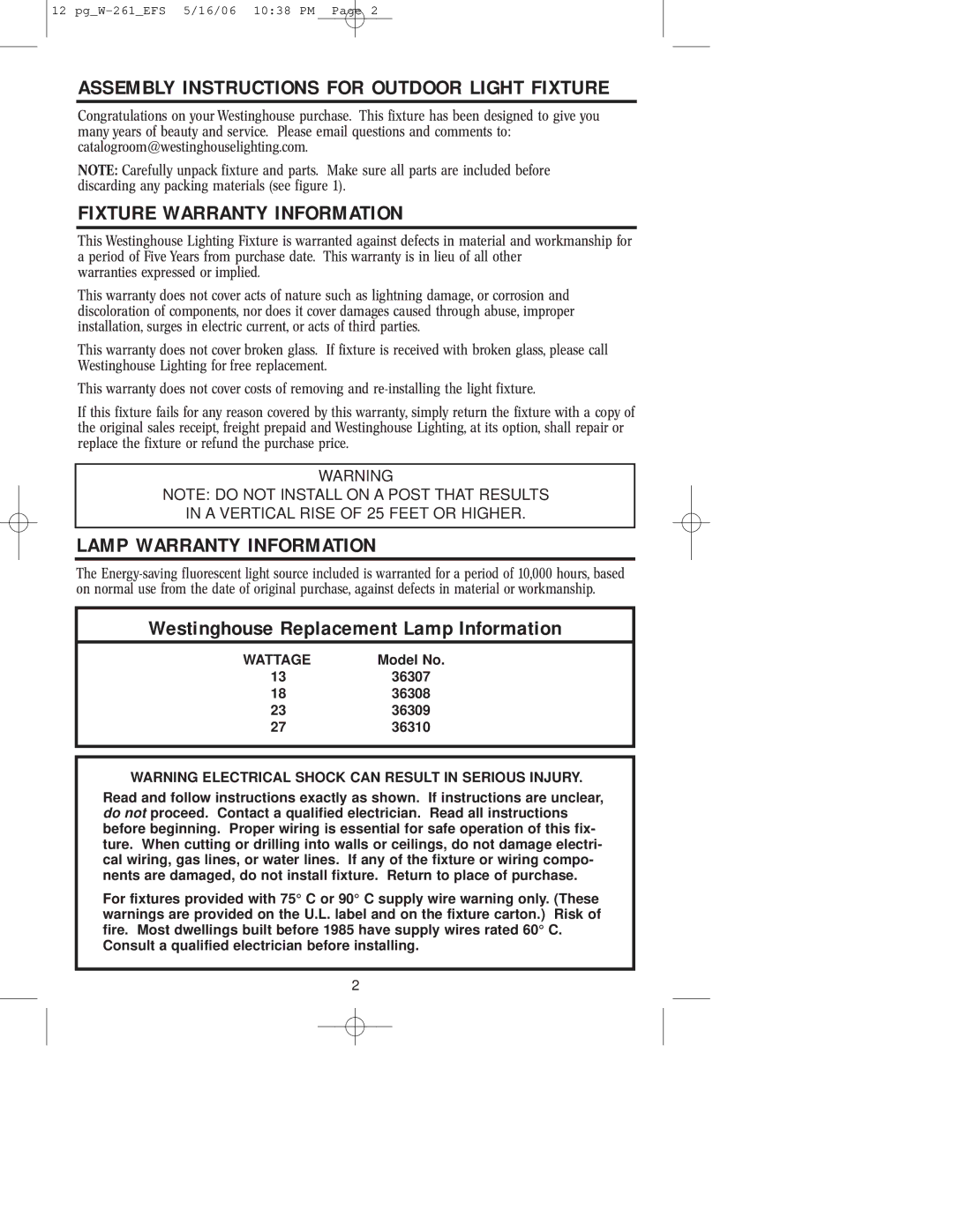 Westinghouse W-261 owner manual Assembly Instructions for Outdoor Light Fixture, Fixture Warranty Information 