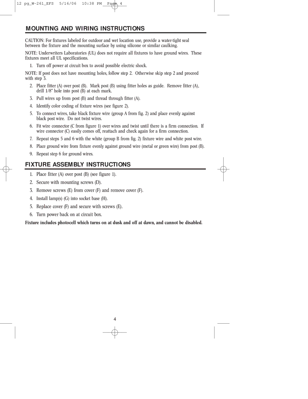 Westinghouse W-261 owner manual Mounting and Wiring Instructions, Fixture Assembly Instructions 