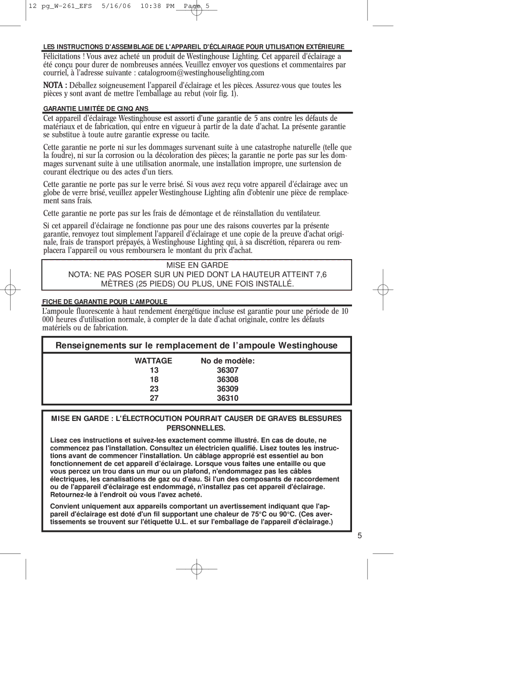 Westinghouse W-261 owner manual Renseignements sur le remplacement de l’ampoule Westinghouse 