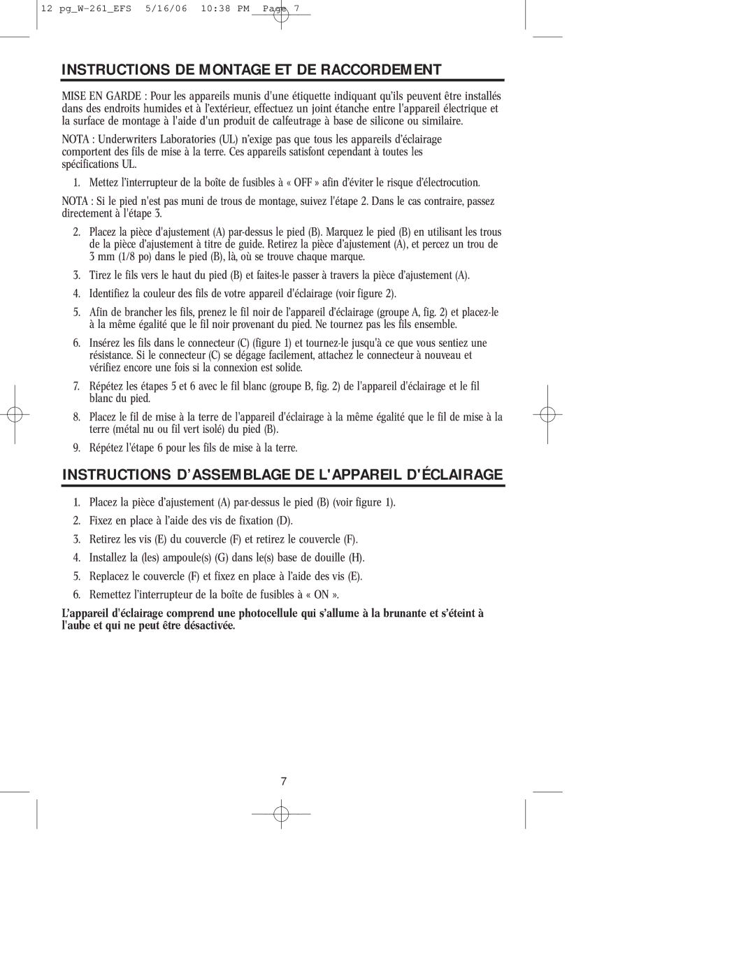 Westinghouse W-261 Instructions DE Montage ET DE Raccordement, Instructions D’ASSEMBLAGE DE Lappareil Déclairage 