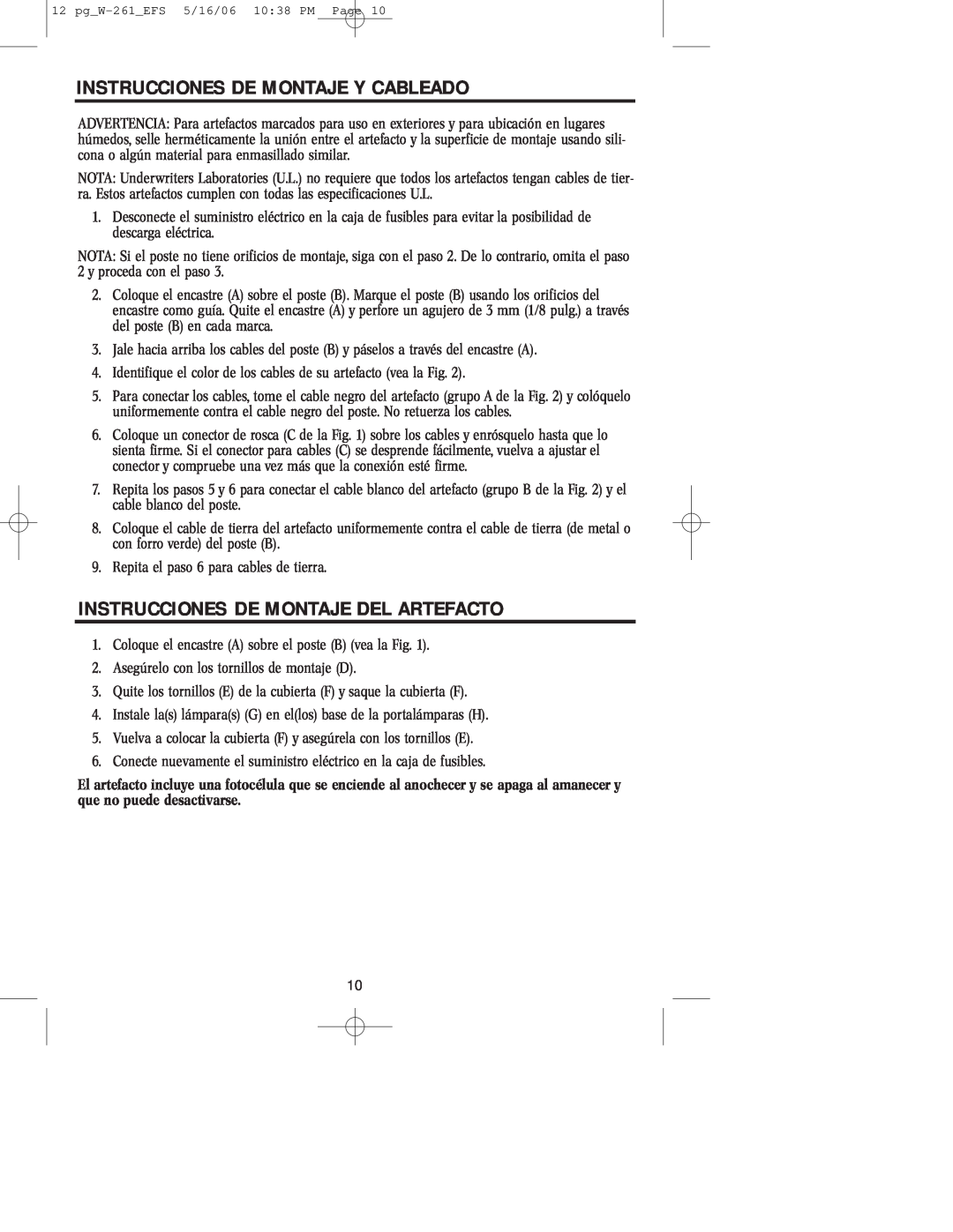 Westinghouse W-261 owner manual Instrucciones De Montaje Y Cableado, Instrucciones De Montaje Del Artefacto 