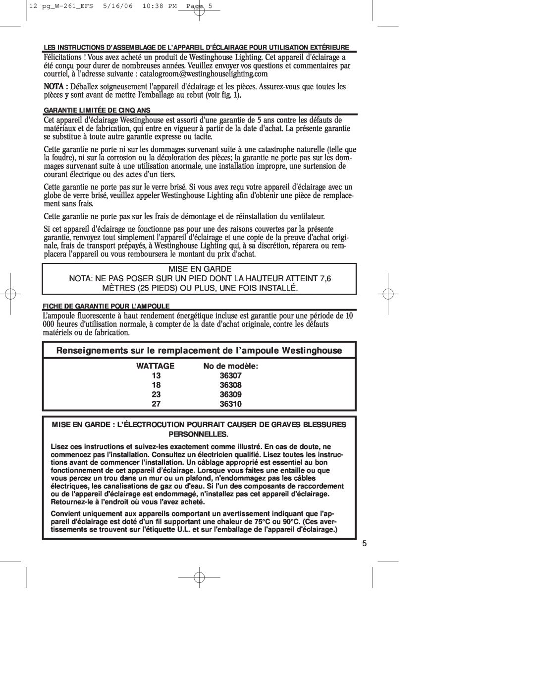 Westinghouse W-261 owner manual Renseignements sur le remplacement de l’ampoule Westinghouse, Personnelles 