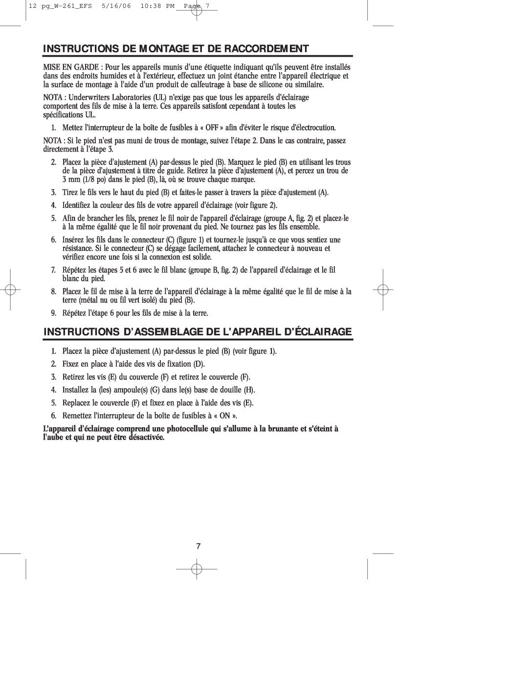 Westinghouse W-261 Instructions De Montage Et De Raccordement, Instructions D’Assemblage De Lappareil Déclairage 