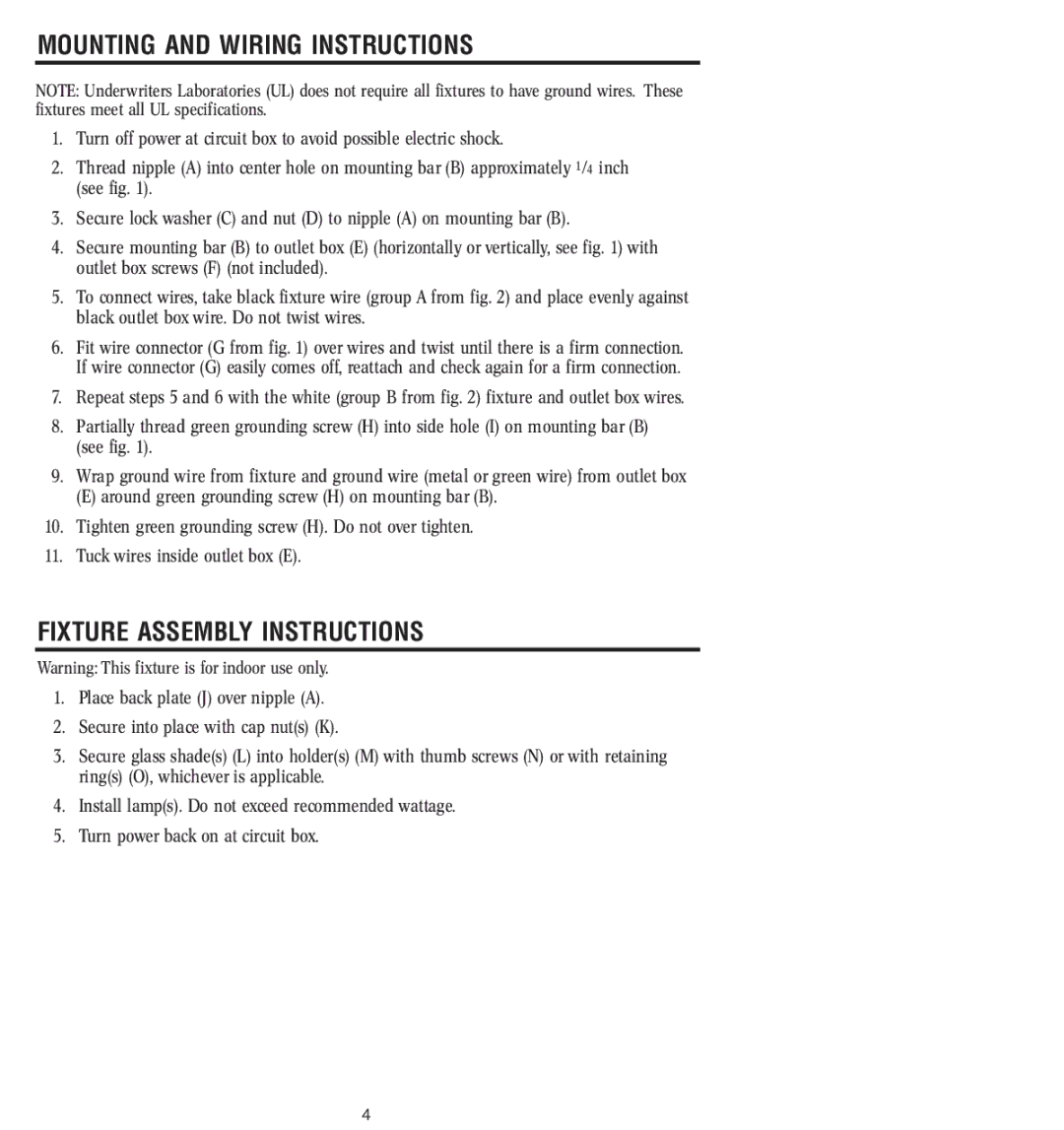 Westinghouse W-349 owner manual Mounting and Wiring Instructions, Fixture Assembly Instructions 