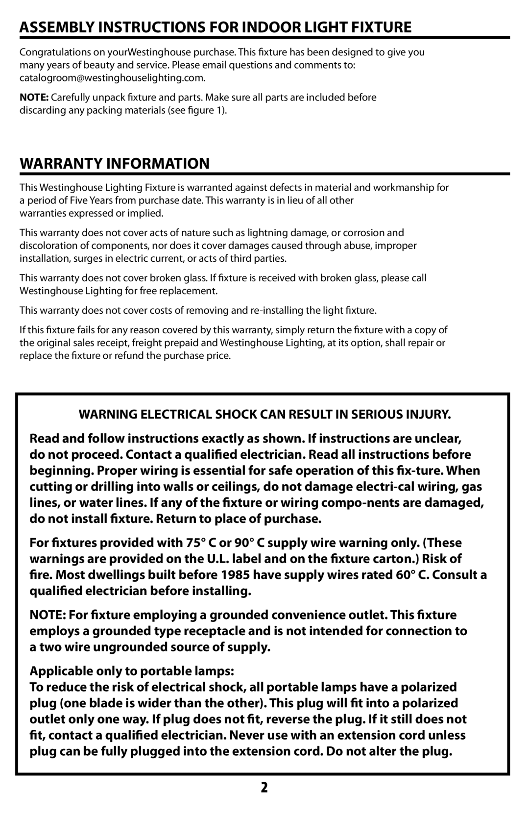 Westinghouse W-351 owner manual Assembly Instructions for Indoor Light Fixture, Warranty Information 