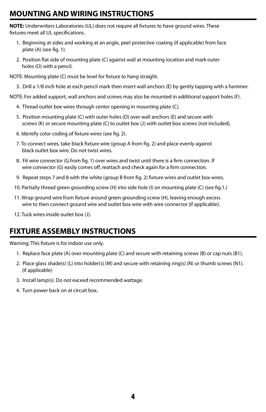 Westinghouse W-351 owner manual Mounting and Wiring Instructions, Fixture Assembly Instructions 