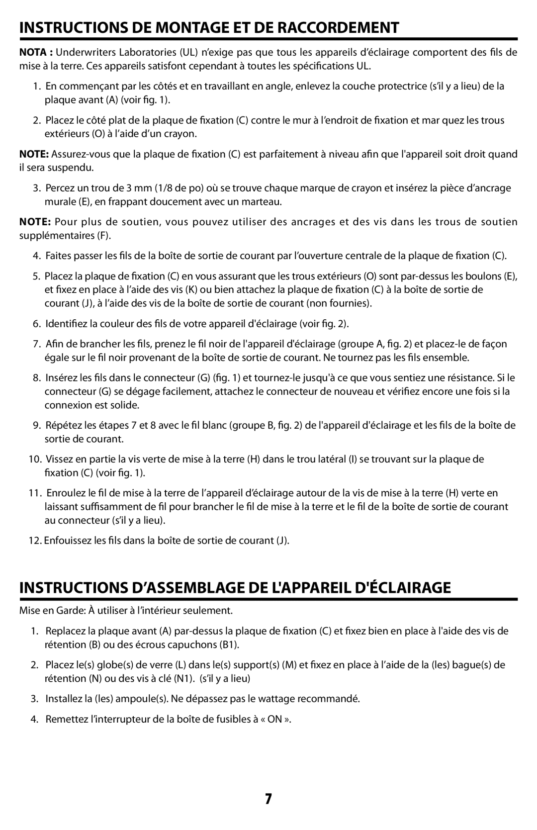 Westinghouse W-351 Instructions DE Montage ET DE Raccordement, Instructions D’ASSEMBLAGE DE Lappareil Déclairage 