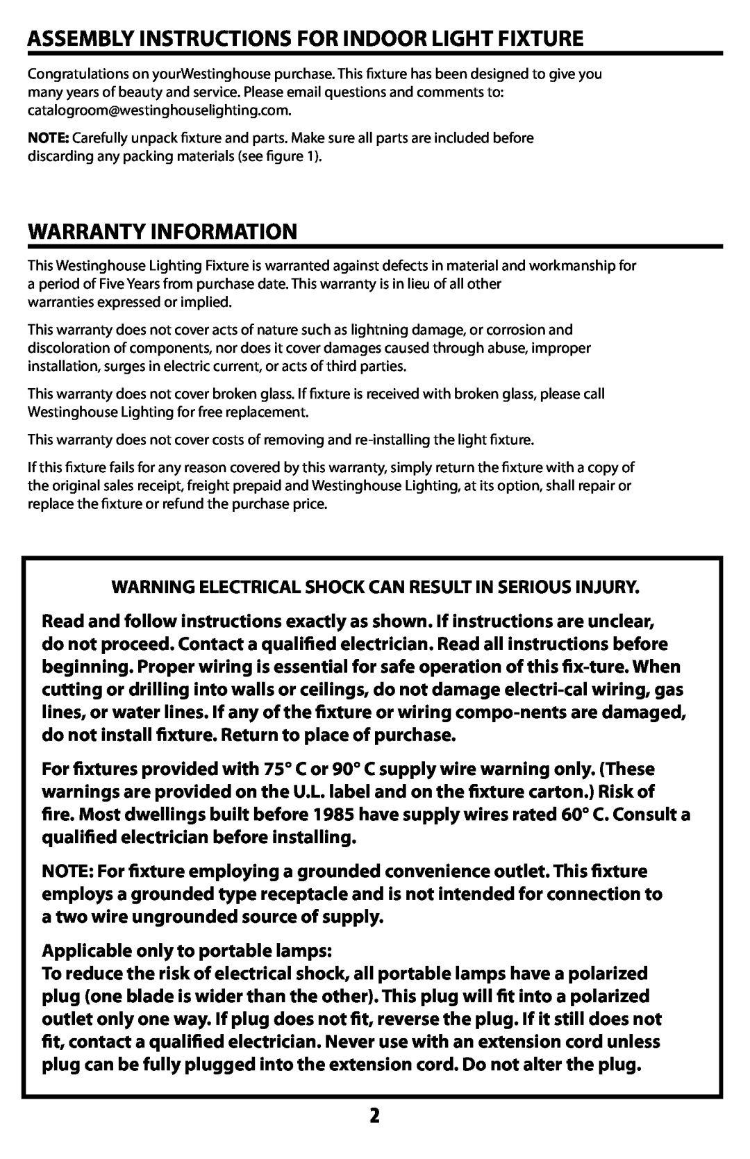 Westinghouse W-351 owner manual Assembly Instructions For Indoor Light Fixture, Warranty Information 