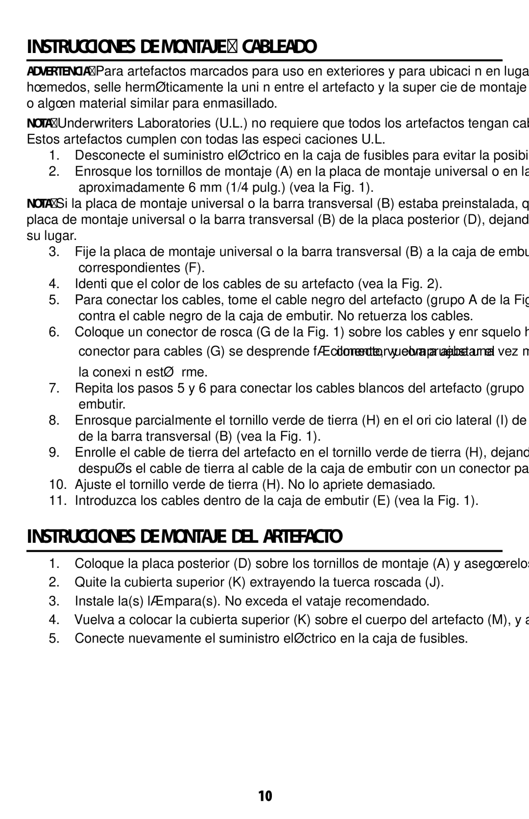 Westinghouse w-355 071910 owner manual Instrucciones DE Montaje Y Cableado, Instrucciones DE Montaje DEL Artefacto 