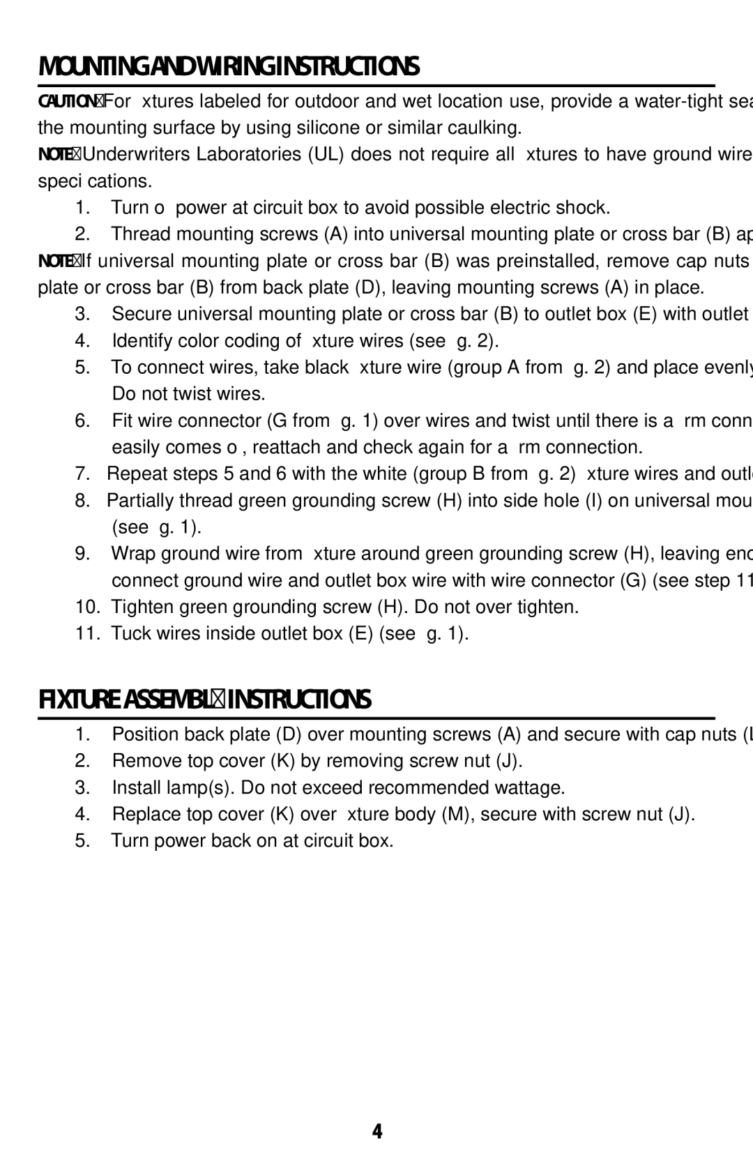 Westinghouse w-355 071910 owner manual Mounting and Wiring Instructions, Fixture Assembly Instructions 